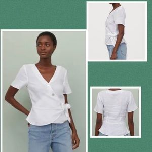 H&M 100% Linen chic white wrap-style peplum top women’s size XL